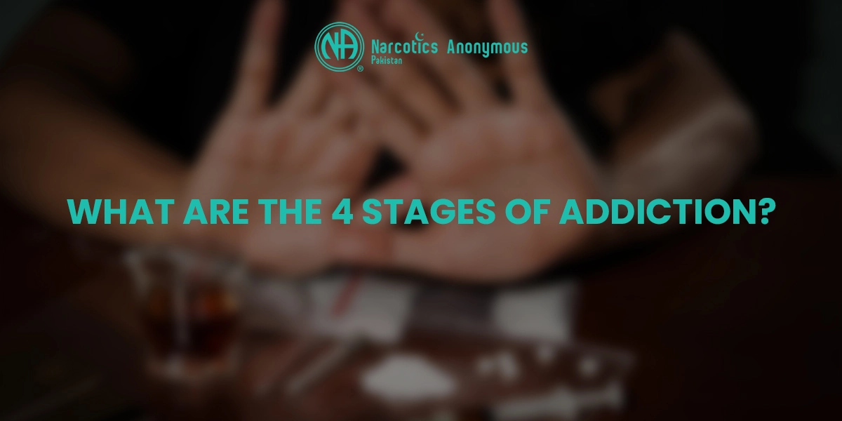 A banner image for Narcotics Anonymous Pakistan featuring the text "WHAT ARE THE 4 STAGES OF ADDICTION?" over a blurred background of a person making a "stop" gesture behind drug paraphernalia.