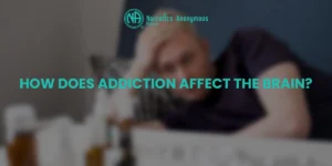 A person appearing distressed with the text 'How does addiction affect the brain?' and the Narcotics Anonymous Pakistan logo.