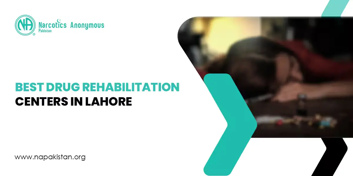 Promotional graphic for Narcotics Anonymous Pakistan featuring "Best Drug Rehabilitation Centers in Lahore" and a person resting their head on a desk.