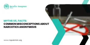 Blog cover titled "Myths vs. Facts: Common Misconceptions About Narcotics Anonymous" featuring the NA Pakistan logo and recovery-related imagery.